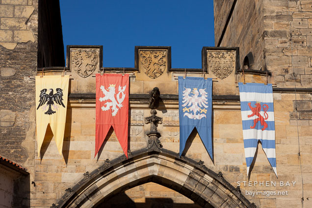 Flags on the little quarter bridge tower. Prague, Czech Republic.