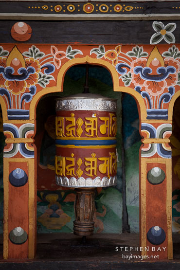 Close-up of prayer wheel at Cheri Monastery. Thimphu Valley, Bhutan.