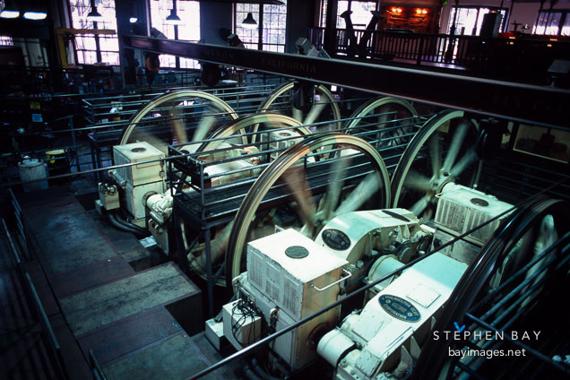 Motors and sheaves that drive the cable cars in San Francisco. California.