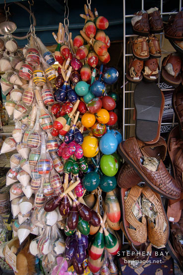Maracas and shoes for sale. Olvera street, El Pueblo, Los Angeles, California, USA.
