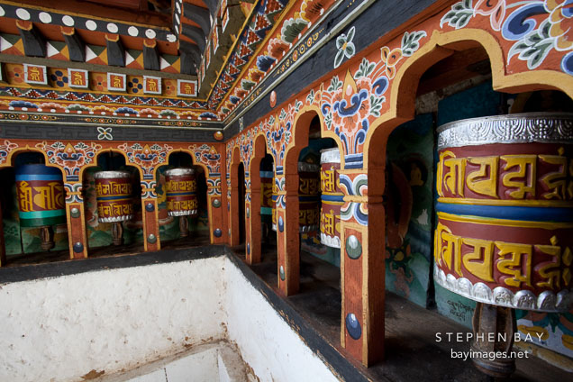 Prayer wheels at Chagri Dorjeden monastery. Thimphu valley, Bhutan.