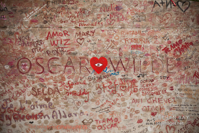 Oscar Wilde's grave at Pere Lachaise cemetery. Paris, France.