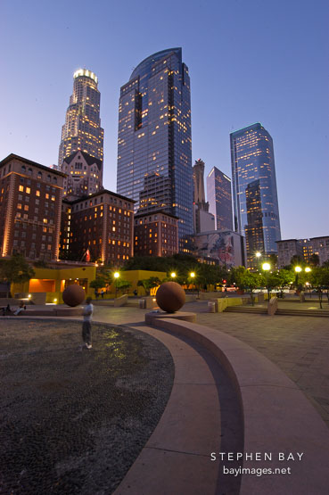 Pershing Square at twilight. Los Angeles, California, USA.