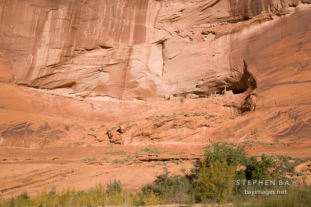 First Ruin, an ancient Anasazi dwelling is located on a narrow ledge in the cliff face. Canyon de Chelly, Arizona.