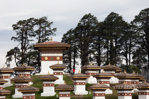 Druk Wangyal Chorten and cypress trees at Dochu La pass, Bhutan.
