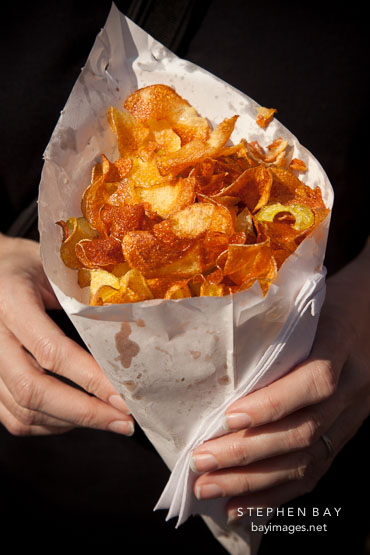 Handmade potato chips. Prague, Czech Republic.