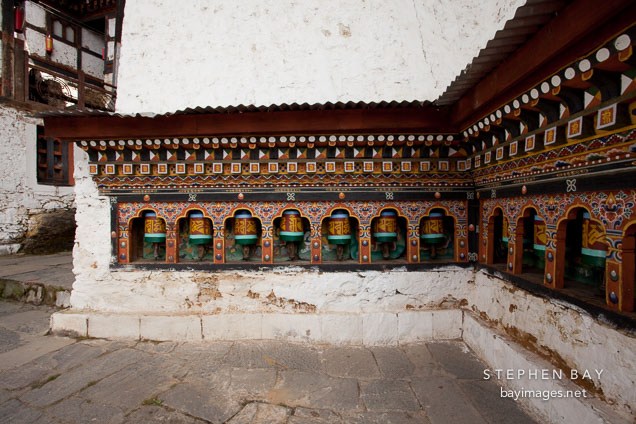 Prayer wheels at Cheri monastery. Thimphu valley, Bhutan.