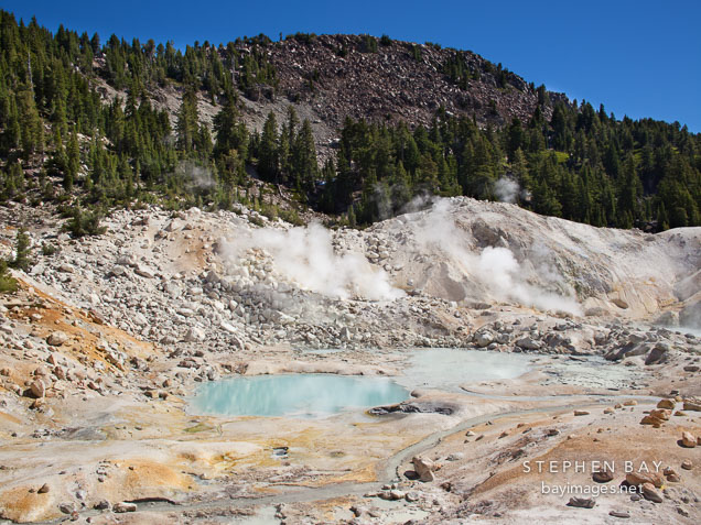 Turquoise pools and fumaroles at Bumpass Hell. Lassen NP, California.
