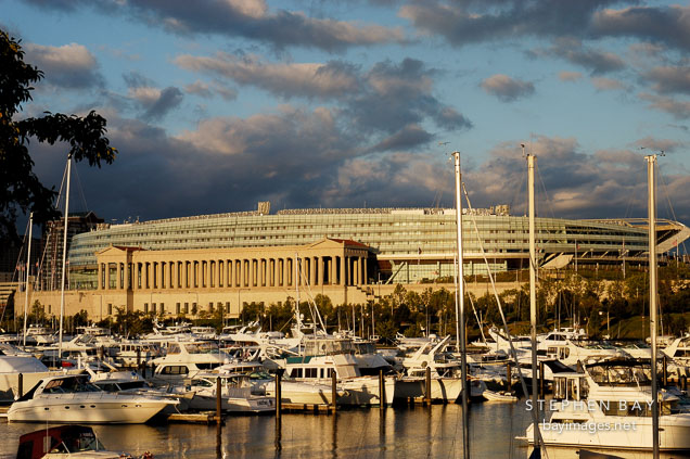 Soldier Field and Burnham Park Harbor. Chicago, Illinois, USA.