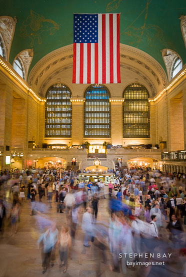 An American flag hangs in Grand Central Station. New York City, New York, USA.