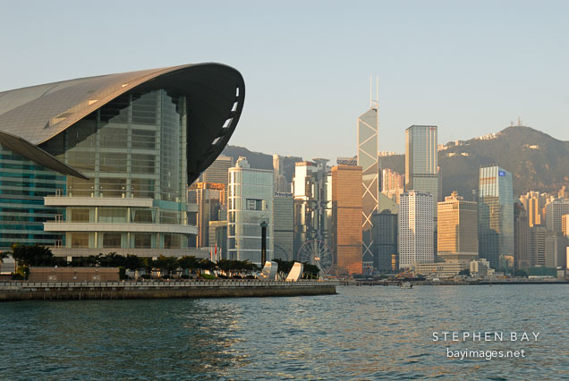 Hong Kong Convention Center and Hong Kong island skyline. Hong Kong, China.