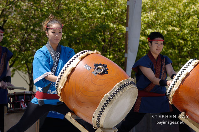 Young women Taiko drummers, Cherry blossom festival. Japantown, San Francisco, California, USA.